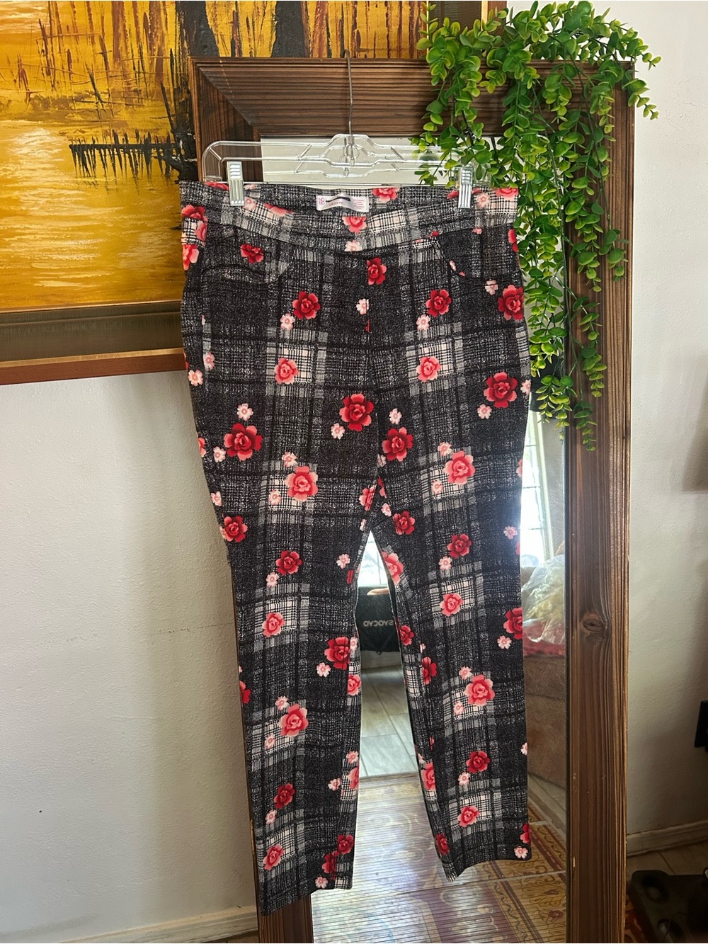 No Boundaries Black Plaid Leggings with Red Floral Print